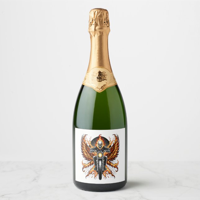 Skull Biker Flame Winged Motorcycle Sparkling Wine Label (Front)