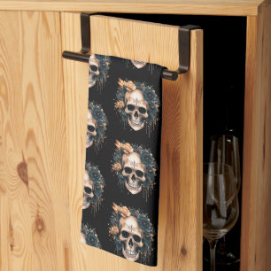 Skull Black and Gold Flowers Pattern Halloween Tea Towel