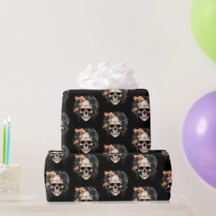 Skull Black and Gold Flowers Pattern Halloween Wrapping Paper