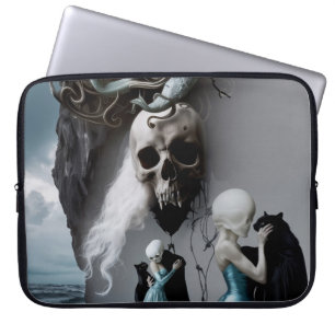 Skull Black Cat Shadow Work Occult Witchy AI Art Laptop Sleeve