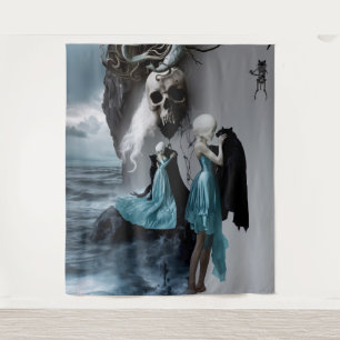 Skull Black Cat Shadow Work Occult Witchy AI Art Tapestry