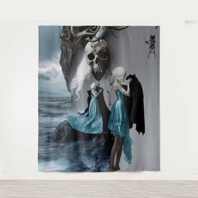 Skull Black Cat Shadow Work Occult Witchy AI Art Tapestry (Front)