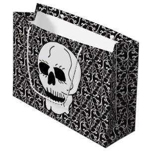 Skull Black White Damask Scrolls Large Gift Bag