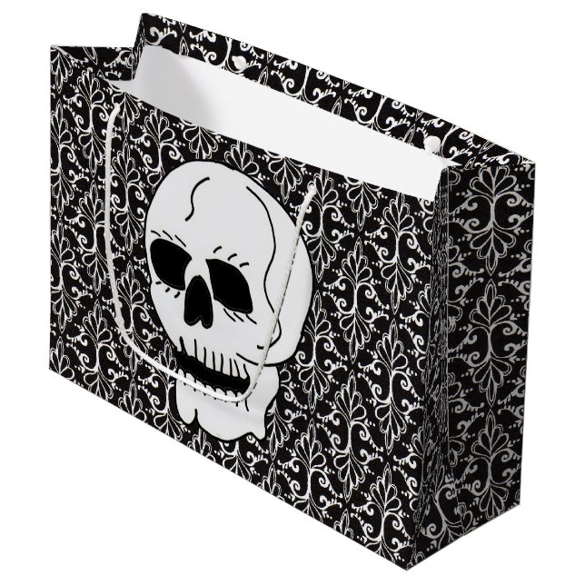 Skull Black White Damask Scrolls Large Gift Bag (Front Angled)
