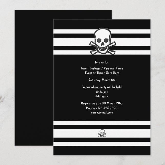 Skull black white elegant bones party invitation (Front/Back)