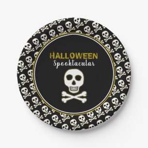 Skull & Bones, Gold Halloween Party Paper Plate