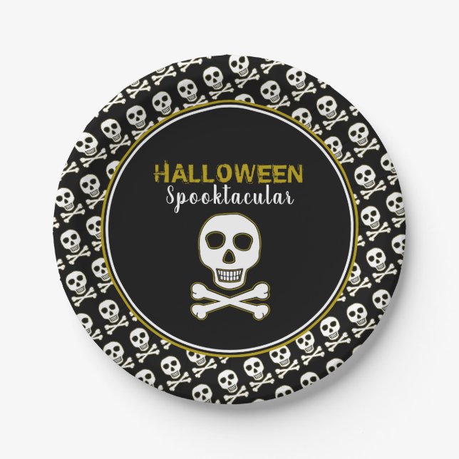 Skull & Bones, Gold Halloween Party Paper Plate (Front)
