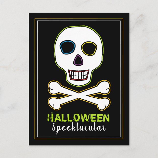 Skull & Bones, Neon Halloween Party Invitation (Front)