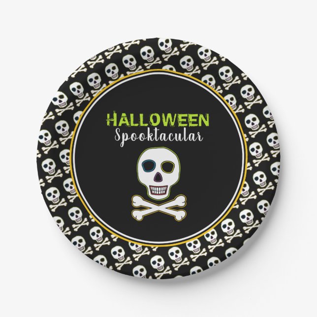 Skull & Bones, Neon Halloween Party Paper Plate (Front)