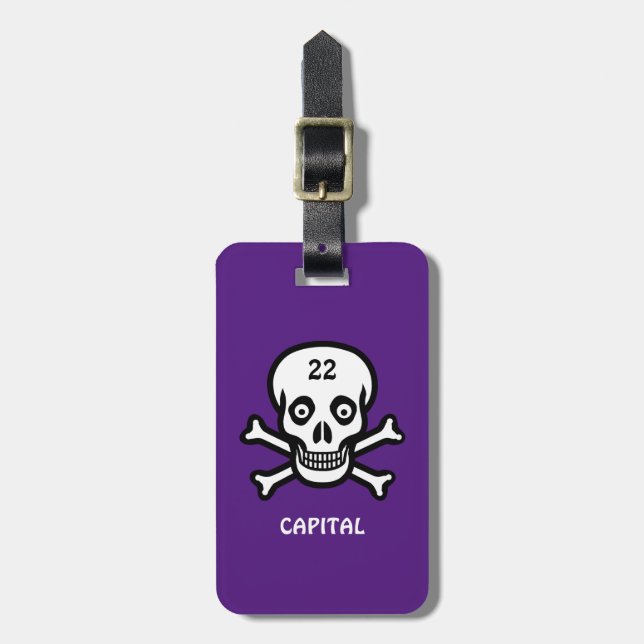 Skull, bones on royal purple luggage tag (Front Vertical)