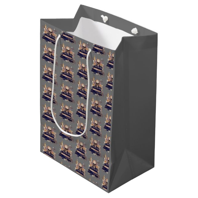 Skull Books Grey Gold Roses Pattern Halloween Medium Gift Bag (Front Angled)