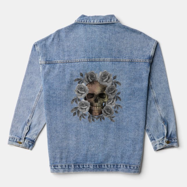 SKULL BOUQUET FLOWERS BLACK AND WHITE DENIM JACKET (Back)