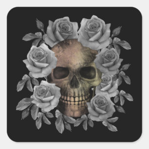 SKULL BOUQUET FLOWERS BLACK AND WHITE SQUARE STICKER