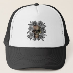 SKULL BOUQUET FLOWERS BLACK AND WHITE TRUCKER HAT
