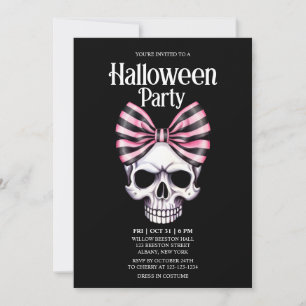 Skull Bow Stripes Pink Horror Halloween Party Invitation