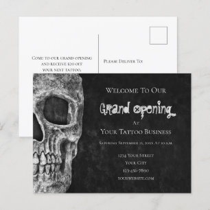 Skull Budget Grand Opening Black White Tattoo Shop Postcard