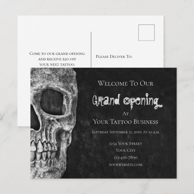 Skull Budget Grand Opening Black White Tattoo Shop Postcard (Front/Back)