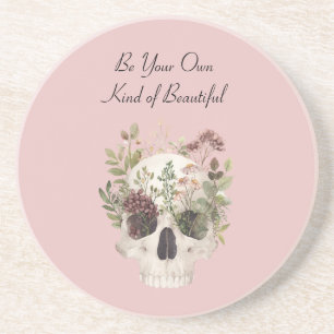 Skull Burgundy Flowers Green Leaves Coaster