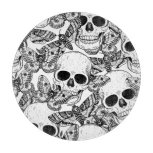 Skull, butterflies: hand-drawn vintage pattern cutting board