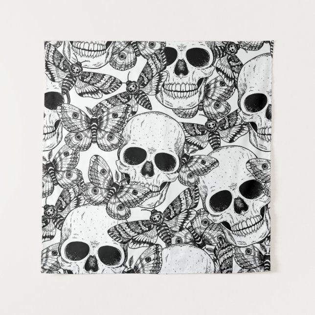 Skull, butterflies: hand-drawn vintage pattern tapestry (Front)