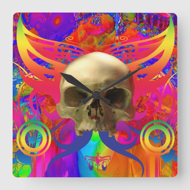 Skull Butterfly in Colour Square Wall Clock (Front)