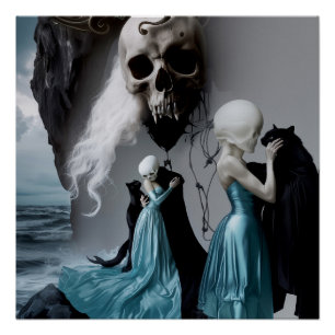 Skull Cat Shadow Work Witchy AI Art Semi-Gloss Poster