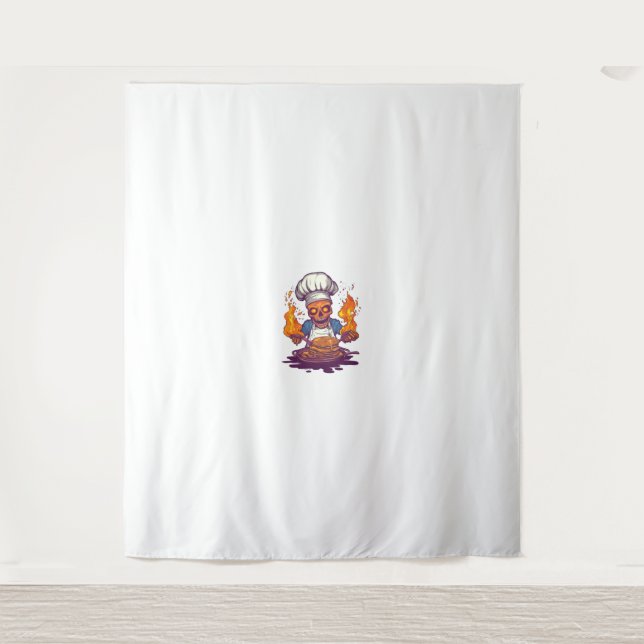 Skull Chef Madness – Funny Cooking Skeleton Tapestry (Front)