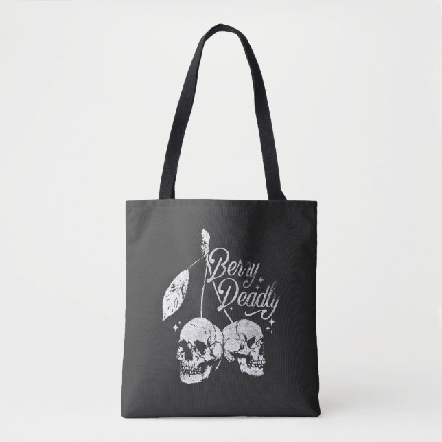 Skull Cherry Spooky and Sweet Gothic Halloween Tote Bag (Front)