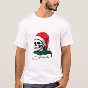 Skull Christmas Art – Santa Hat & Green Scarf T-Shirt