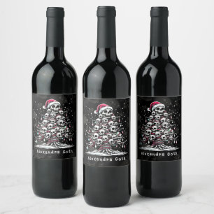 Skull Christmas Tree Pajama Skeleton Santa Hat Wine Label