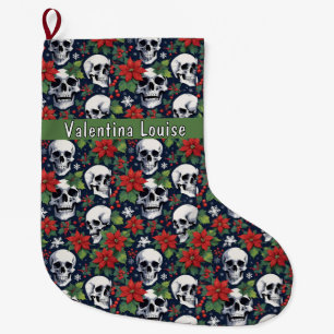Skull Christmas With Poinsettias & Snowflakes Large Christmas Stocking