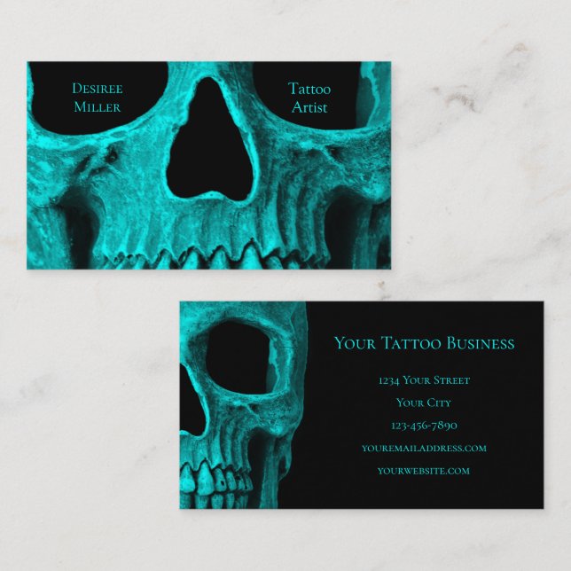 Skull Close Up Gothic Dark Teal Black Tattoo Shop Business Card (Front/Back)