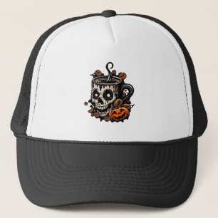 Skull Coffee Mug Halloween Trucker Hat