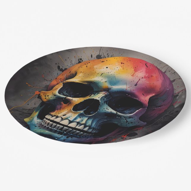 Skull coloured head paper plate (Angled)