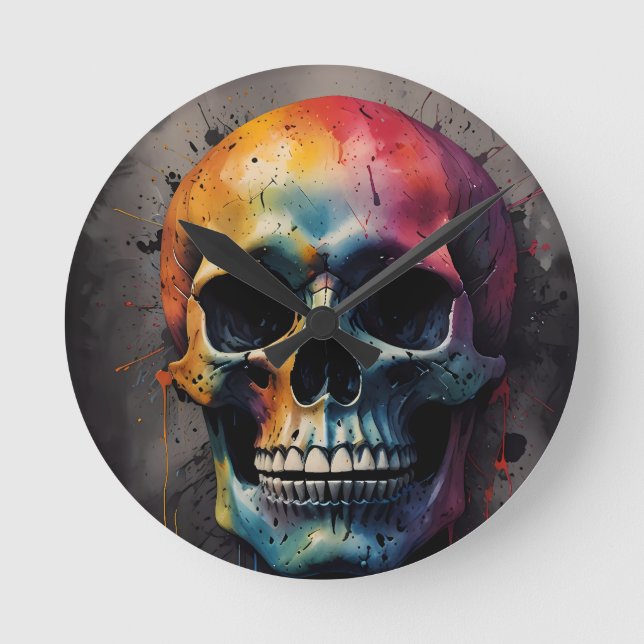 Skull coloured head round clock (Front)