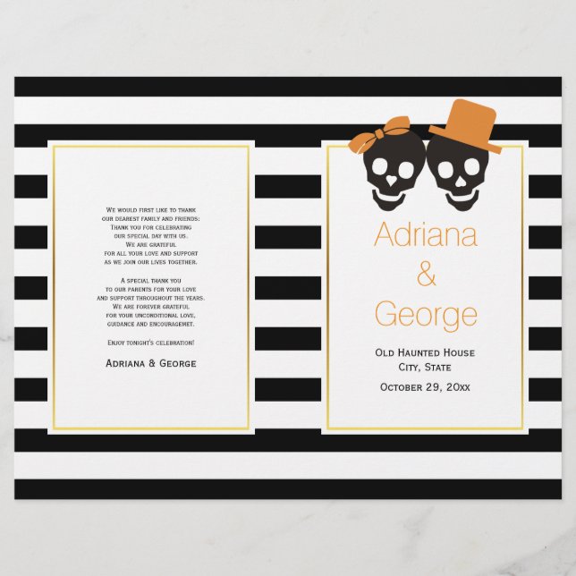 Skull couple and stripes Halloween wedding program (Front)