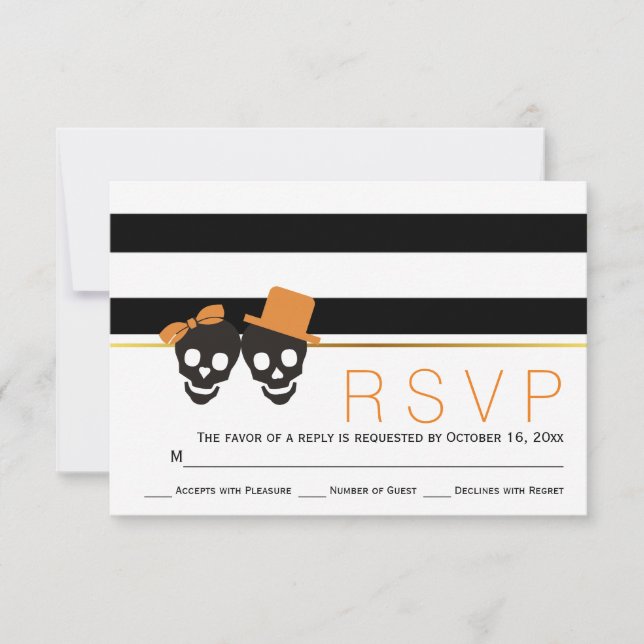 Skull couple and stripes Halloween wedding RSVP Card (Front)