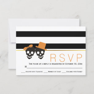 Skull couple and stripes Halloween wedding RSVP Card
