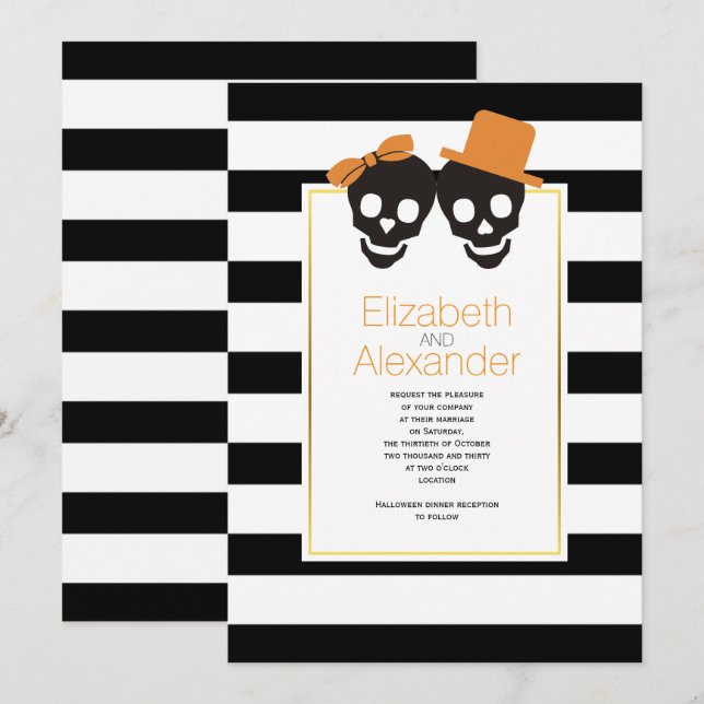 Skull couple and stripes orange Halloween wedding Invitation (Front/Back)