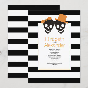 Skull couple and stripes orange Halloween wedding Invitation