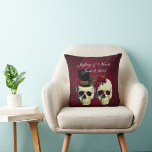 Skull Couple Bride and Groom Custom Wedding Cushion