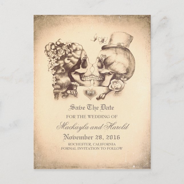 Skull Couple Day of the Dead Save the Date Announcement Postcard (Front)