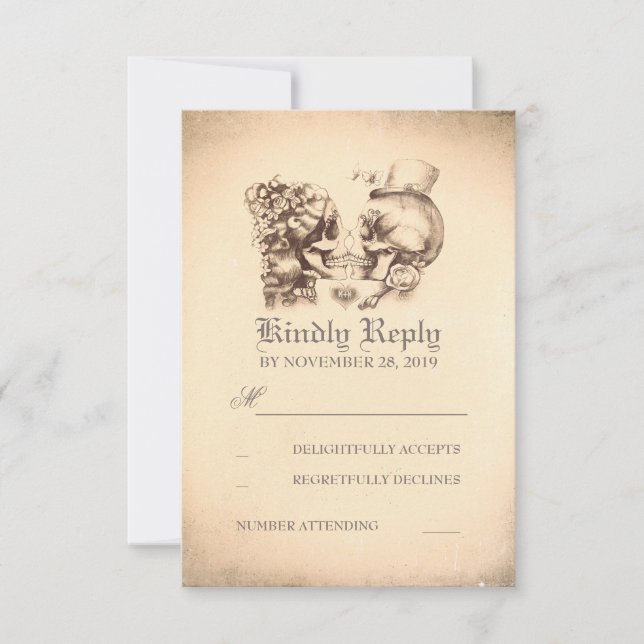Skull Couple Dead Day Wedding RSVP Cards (Front)