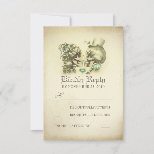 Skull Couple Dead Day Wedding RSVP Cards (Front)
