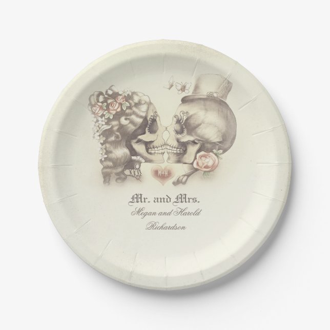 Skull Couple Gothic Wedding Paper Plate (Front)