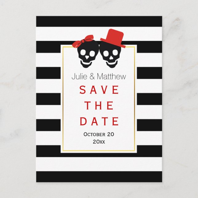Skull couple Halloween red wedding Save the Date Announcement Postcard (Front)