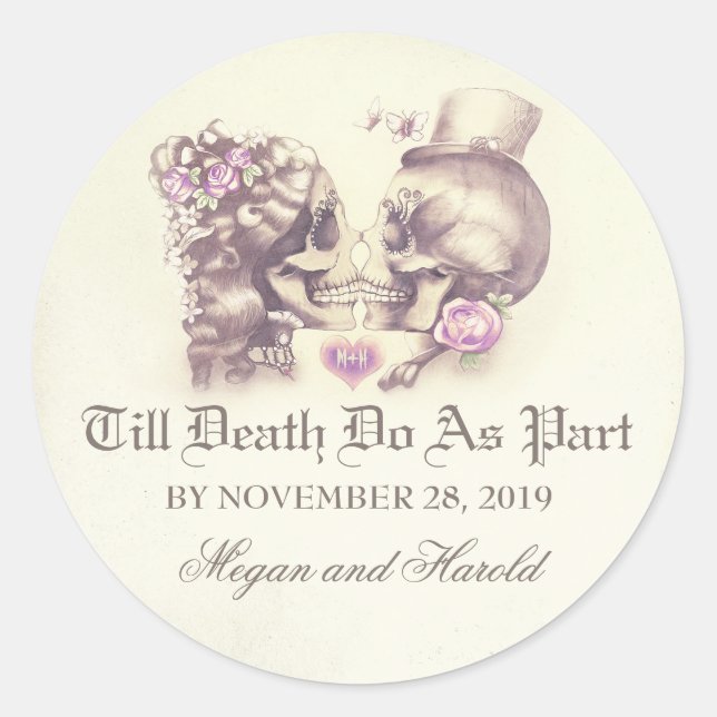 Skull couple purple wedding stickers (Front)