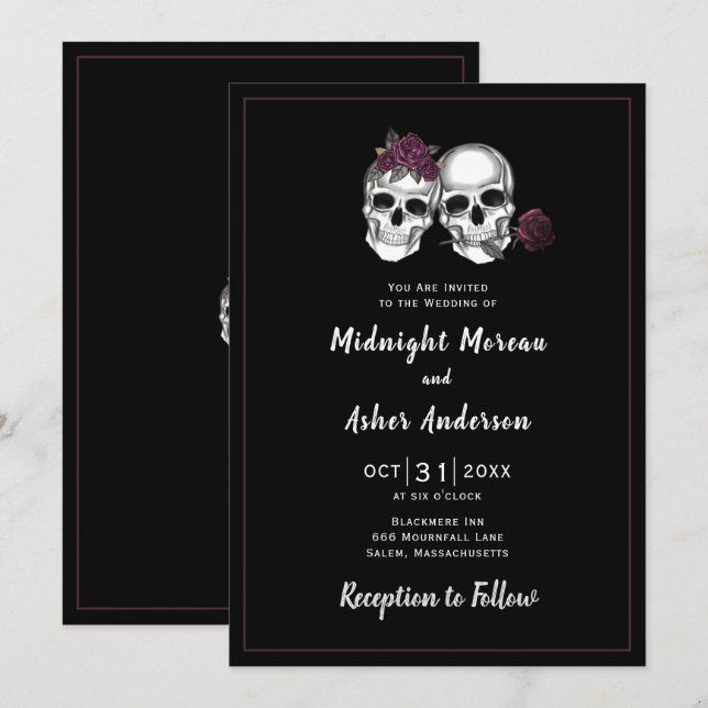 Skull Couple Roses Gothic Wedding Invitation (Front/Back)