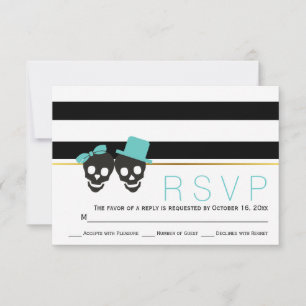 Skull couple stripes aqua Halloween wedding RSVP Card