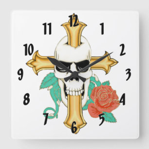 Skull Cross And Rose Square Wall Clock